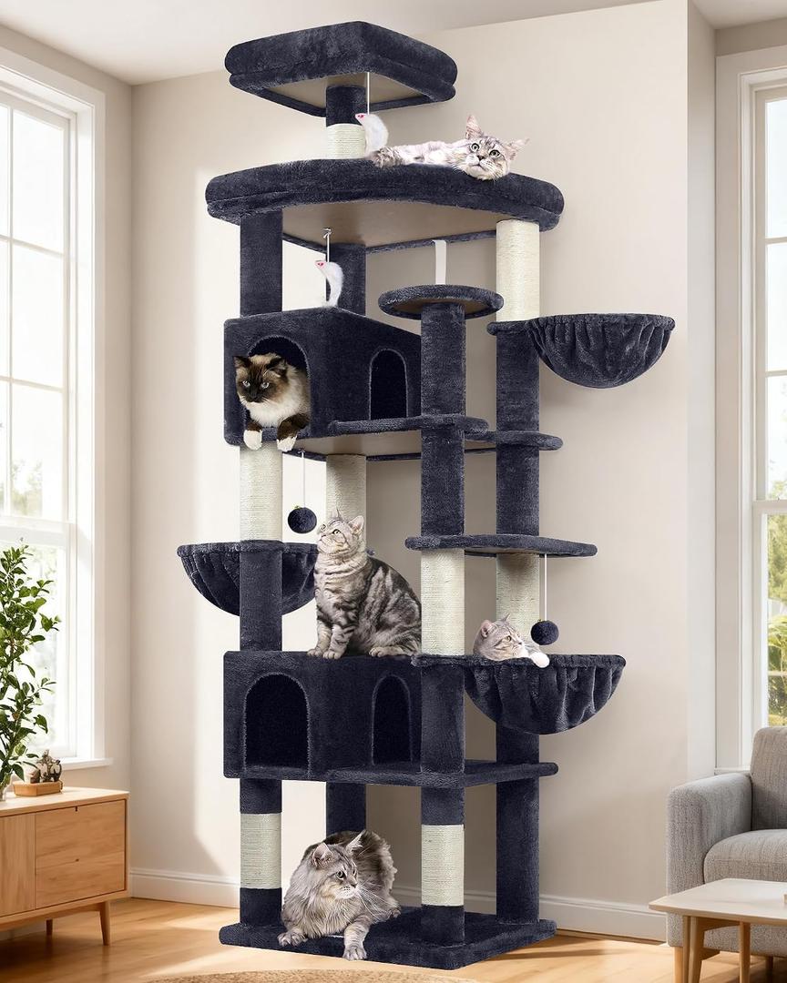 Globlazer Extra Large Cat Tree Tower, 82in Tall Heavy Duty Cat Tree for Indoor Cats Large Adult Big Cat Tower with 8 Scratching Posts, 2 Cat Condos, 2 Padded Perches, 3 Hanging Baskets, S82, Dark Gray