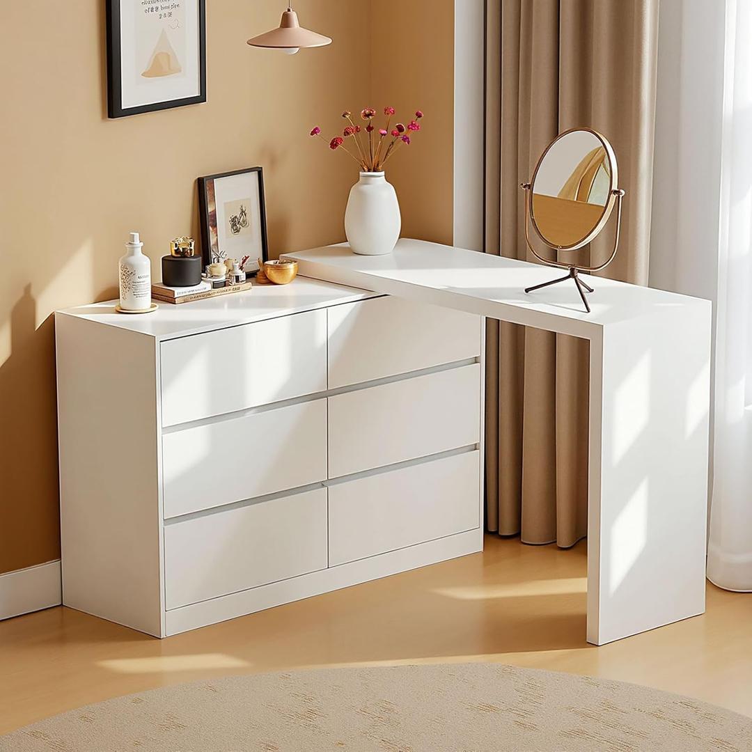 6 Drawer Dresser with Extendable Table, L-Shaped 6-Drawer Desk & Vanity Combo, MDF White Dresser with Storage, Adjustable Vanity with 6 Drawers for Bedroom, White