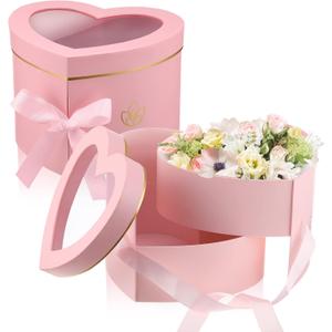 Nuanchu 2 Pcs Valentines Day Heart Shaped Flower Box with Transparent Window Paper Floral Boxes with Lids Ribbons Double Layers Rotating Gift Box for Arrangements, 9.1 x 7.9 x 6.5 Inch(Pink)