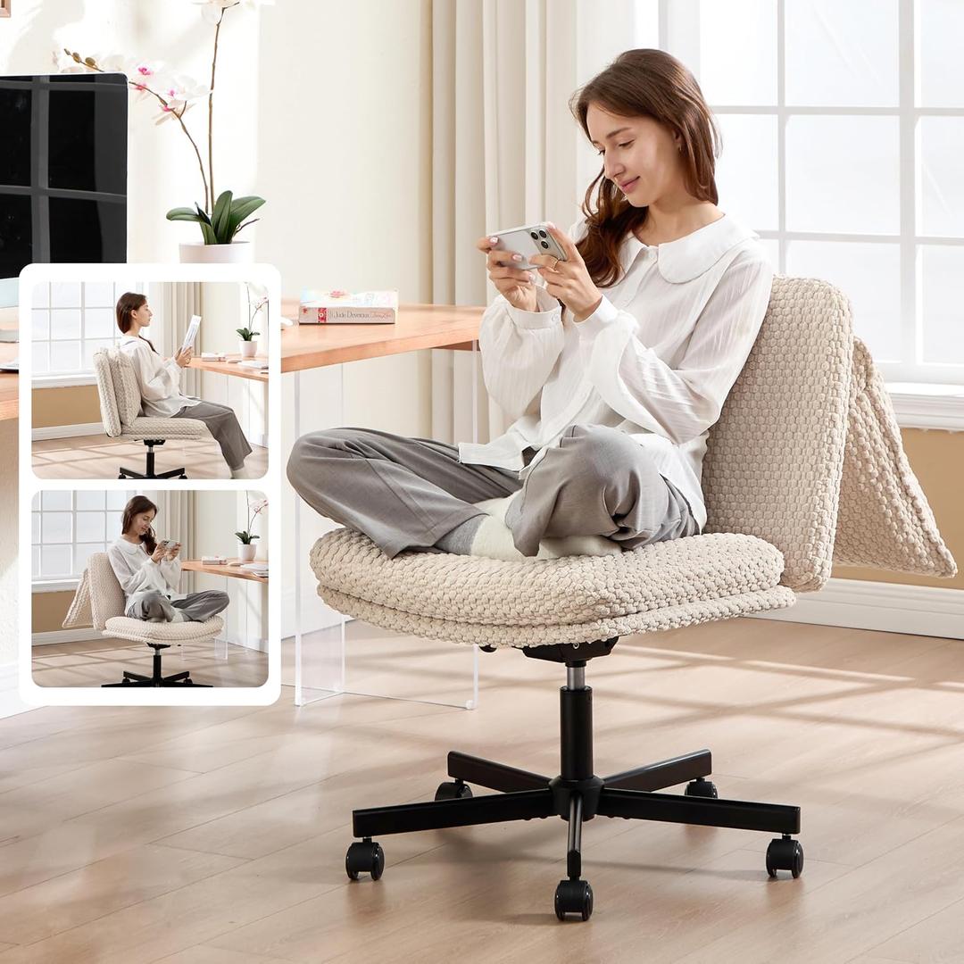 Fizzin Criss Cross Chair,Armless Cross Legged Chair with Wheels,Memory Foam Seat Office Desk Chair with Flipable Back Cushion,Mid Back Swivel Chair for Home Office,Bedroom Vanity (Beige)