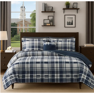 MaiRêve Full Size Comforter Set Navy Blue, Plaid Design Comforter Set 7 Pieces, All Season Comfortable Bedding Sets Full, Lightweight, Soft and Warm (Navy Blue, Full)