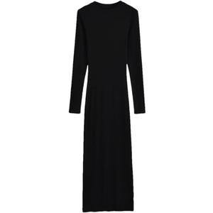 Women's Round Neck Slim Fit Long Sleeved Dress Solid Color Black Simple Waist Cinching Slim Fit Long Sleeved Base Skirt
size 9