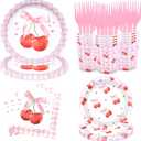 100 Pieces Cherry Tableware Set Party Supplies - Pink Gingham Disposable Paper Plates, Cups, Napkins, and Forks, Cute Cherry Design for Birthday, Baby Shower, Bridal Shower, Picnic, Serves 20 Guests