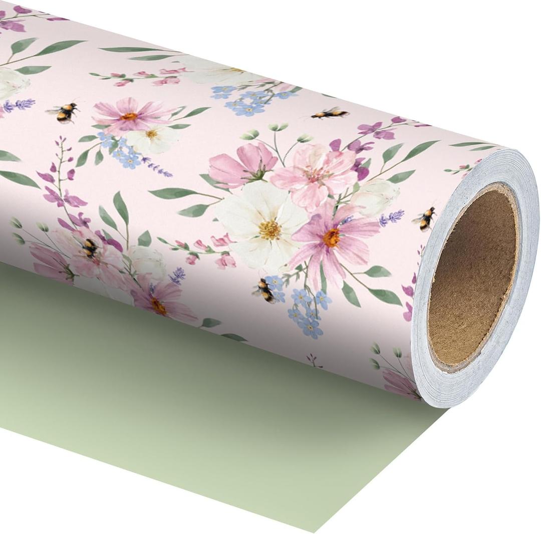 WRAPLULU Pink Floral Wedding Wrapping Paper Roll - 17.5" * 33 Ft - Romantic Gift Wrap with Soft Pastel Flowers & Solid Backside, Perfect for Wedding, Birthday, Bridal Shower, Mother's Day, Spring