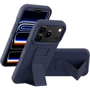 LAUDTEC Silicone Kickstand Case Compatible with iPhone 17 Pro, Vertical and Horizontal Stand Hand Strap Metal Kickstand Cover, Flexible Soft Liquid Silicone Stand Case for iPhone 17 Pro (Blue)