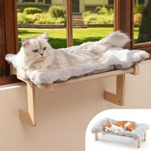 FUKUMARU 3-in-1 Cat Window Perch, Convertible Hammock for Window, Bedside and Floor, Sturdy Cat Window Bed w/Fluffy & Removable Cushion for Indoor Large Cats & Kittens, Reinforced Wood and Metal Frame