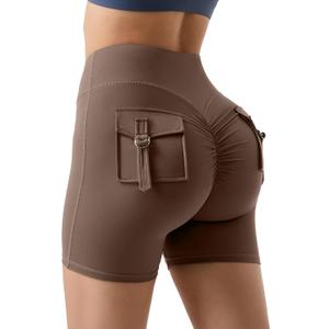 MOOSLOVER Women Workout Biker Shorts with Pockets High Waisted V Cross Shorts Scrunch Butt Yoga Gym Booty Shorts (Brown, L)