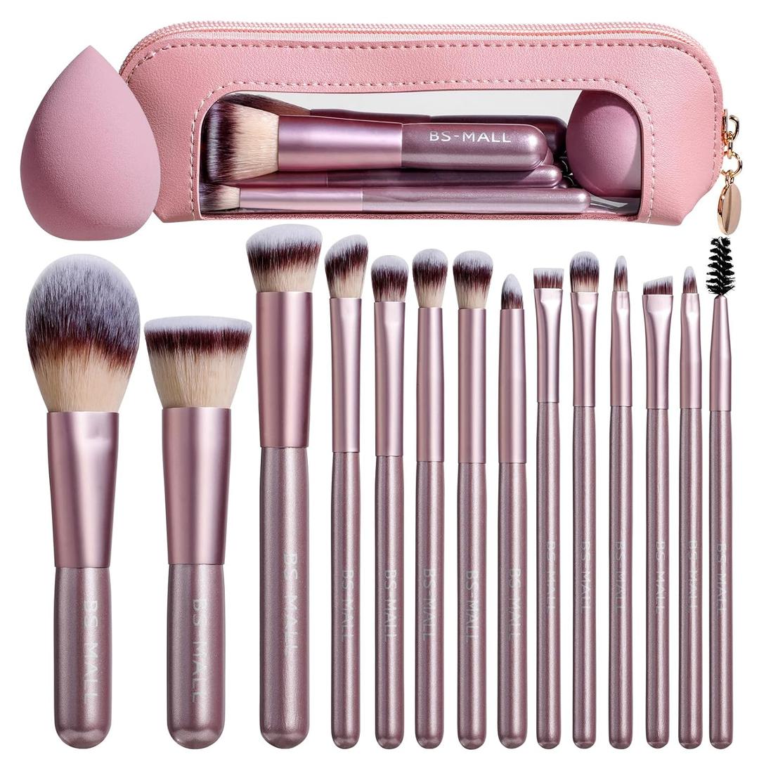 BS-MALL 14 Pcs Makeup Brushes Set with 1 Pcs Makeup Sponge  Essential Foundation Powder Concealers, Eye Shadows, Blush Makeup Brushes with Travel Makeup Case (Matte Gold Pink)