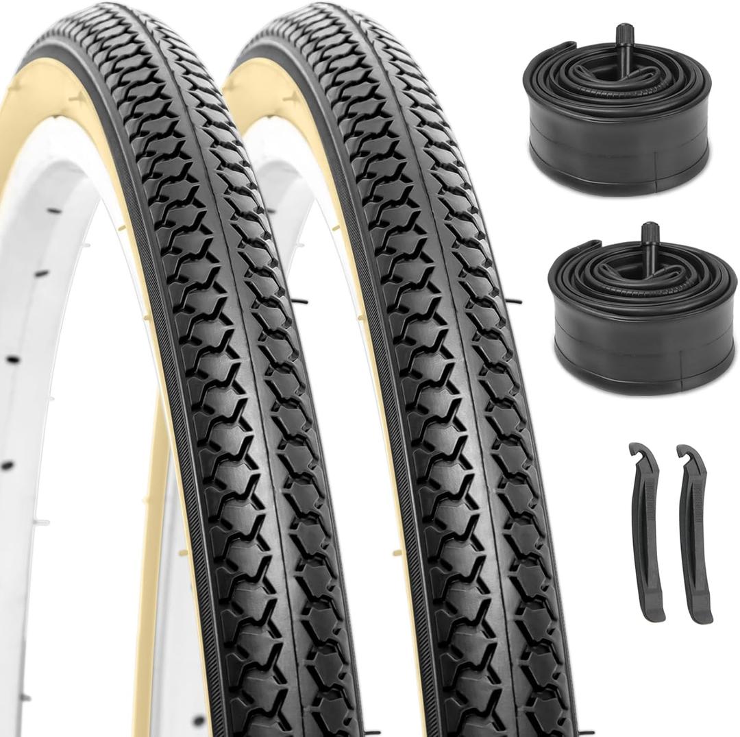 Hycline 26X1 3/8 Bike Tire Set: 2-Pack (37-590) Folding High-Density Bicycle Tires with Schrader Tubes & Tire Levers  Fits Vintage 261 3/8 City/Commuter Bikes