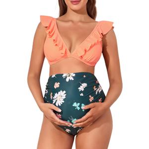 Summer Mae Maternity High Waist Swimsuit Two Piece Ruffle Bikini Bathing Suit Floral V-Neck Pregnancy Swimwear, Small