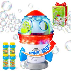 Rocket-Shaped Bubble Machine for Kids & Pets - Dual Powerful Bubble Outlets, Automatic 360 Rotation, Adjustable LED Lights & Music  Ideal for Indoor/Outdoor Birthday Parties
