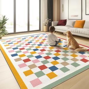 Washable 8x10 Checkered Area Rug for Living Room, Colorful Rainbow Checkerboard Modern Large Rugs, Ultra Thin Low Pile Lightweight Indoor Carpet with Non-Slip Backing for Bedroom Kids Nursery Playroom