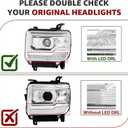 LED DRL Headlight Assembly Compatible with 2014-2018 GMC Sierra 1500, 2015-2019 GMC Sierra 2500HD 3500HD w/Bulbs & Wiring Harness, Replacement Pair Headlamp, Chrome Housing Clear Reflector