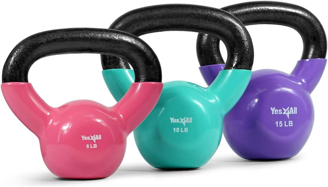Yes4All Kettlebell, Vinyl Coated Kettlebell Cast Iron Sets with Stable Flat Bottom for Full Body Workout, Push up, Grip Strength Training & Weights Exercises (Multicolor)