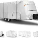 FRUNO Oxford Fabric Travel Trailer Cover RV Cover 16'-18' Waterproof Rip-Resistant Anti-UV Camper Cover for Winter Snow with Jack Cover 4 Tire Covers and Gutter Covers