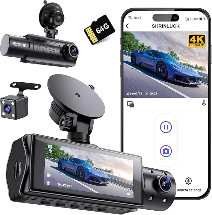 Miden X5 4K WiFi Dash Cam Front and Rear Inside, 2160P+1080P+1080P FHD 3 Channel Dash Camera for Cars, 360 All Sides Dashcam, Free 64G SD Card, G-Sensor, WDR, Night Vision, 24H Parking Monitor