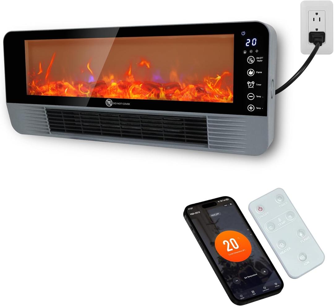 Space Heater, Space Heaters for Indoor Use, Fireplace Heater, WiFi and Tuya App Controlled, 3D Flame Effect, 1500W Portable Air Conditioner Fast Heating Space, Easy Installation, 24H Timer