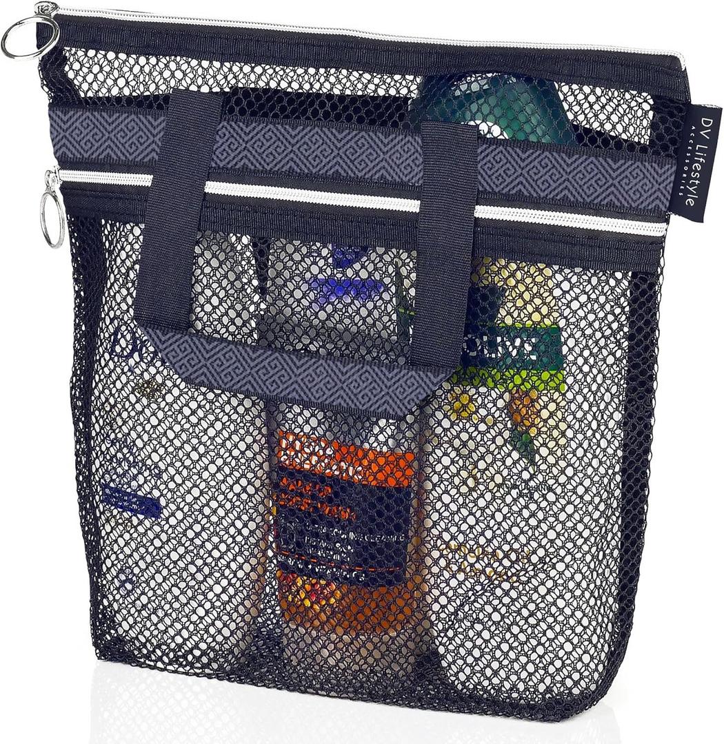 DV Lifestyle Mesh Shower Bag 10.2x9.9'' Quick-Dry Caddy with Zipper & 2 Pockets. Portable Toiletry Tote for Bathroom, Gym, Travel, Camp, Beach, for Sunscreen, Dorm & College Essentials (Black) (Small)