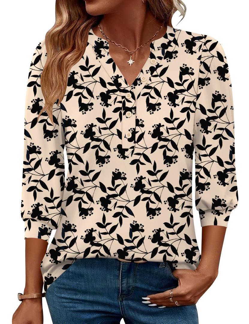 Rapbin 3/4 Length Sleeve Womens Tops Business Casual Blouses Button Down V Neck Tunic Shirts Solid Loose Fit Soft Work Outfits (Coral Pink, XXL)