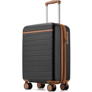Kono Expandable 20 Inch Carry On Suitcase Airline Approved, Lightweight ABS+PC Hardshell Luggage with 360 Silent Spinner Wheels, Black/Brown