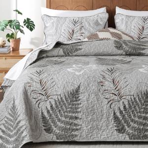 Grey Quilts Set King Size - Botanical Bedspread Bedding Set Floral Leaf Pattern, Reversible Quilt Coverlet Set 3 Pieces, Summer Botanical Bed Cover All Seasons with 2 Pillow Shams
