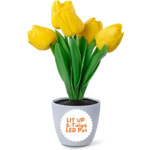 LIT 5-Tulip LED Flower Pot  Artificial Yellow Tulips with Soft LED Glow, Battery Operated (2 AA, Not Included). A Maintenance-Free Floral Accent for Home, Office, and Special Occasions