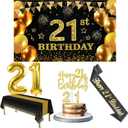 21st Birthday Decorations for Him Her with Banner, Black and Gold Table Cloth, Number Balloons, Large 21st Birthday Sash, Cake Topper and Candles