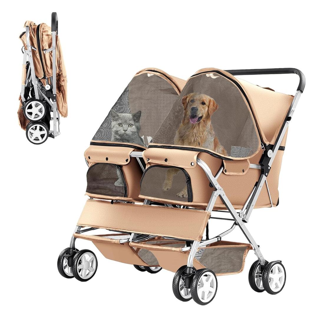 Double Pet Stroller, Foldable Stroller for 2 Dogs & Cats, Two-Seater Carrier Twin Dog Walk Jogger Travel Pet Carriage Cart with Storage, Beige