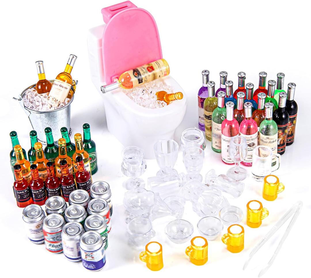 71 Pcs Miniature Ice Cubes Beer Bottles and Mini Drink Soda Pop Cans House Accessories for Fairy Garden Pub Bar Cake Decoration 1/12 Doll House Barrel Pretend Play DIY Party Toys Red Wine