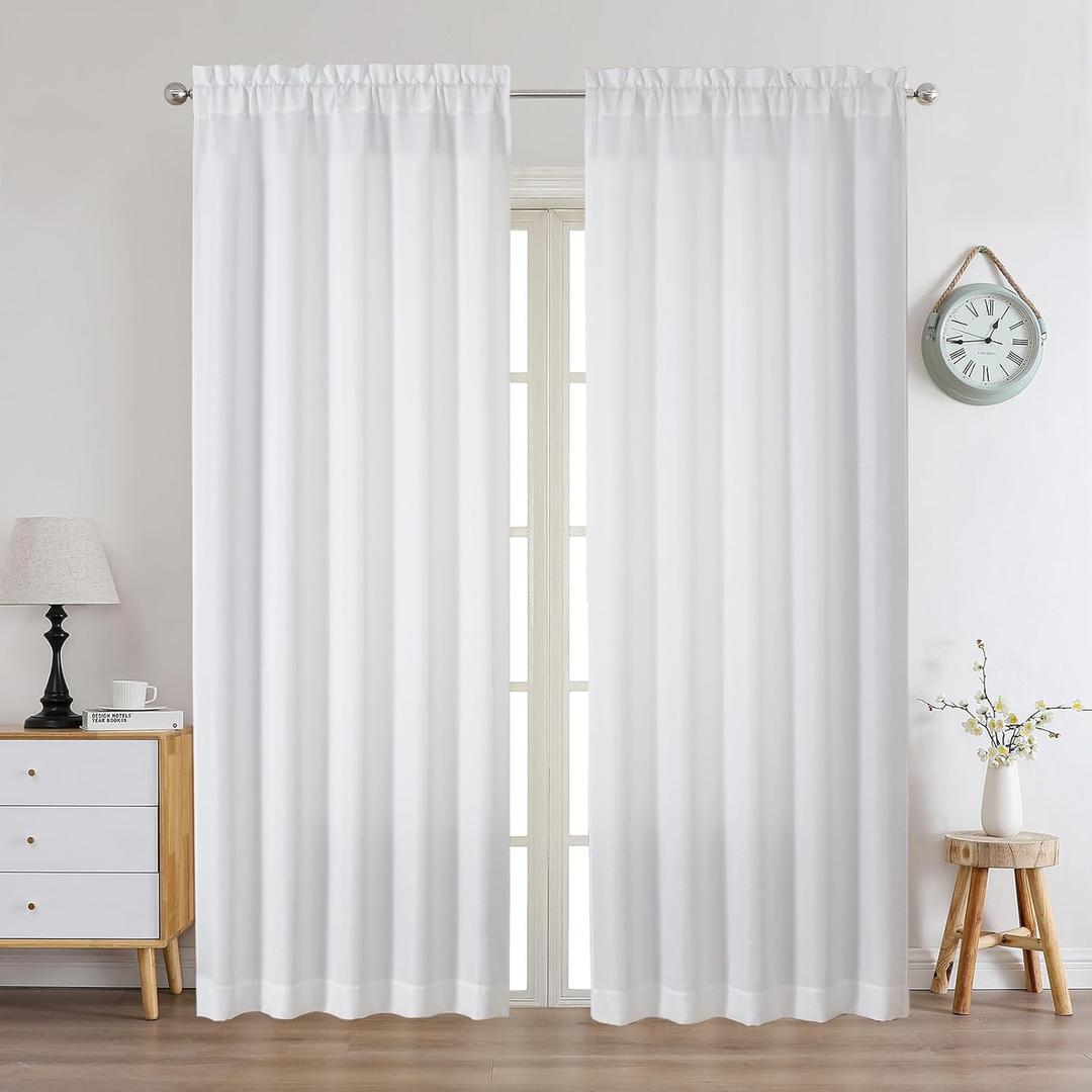 Chyhomenyc White Curtains 84 Inch Length 2 Panels Set, Faux Linen Textured Semi Light Filtering Soft Airy Farmhouse Window Curtain Drapes for Living Room Bedroom, 50Wx84L