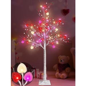 Valentines Day Decor, 4 FT Prelit Lighted Valentines Tree with 3D Hearts&Berries Ornaments 48 Led Red Pink Lights, Outdoor Waterproof Artificial Birches Tree for Valentines Day Decorations Indoor Home