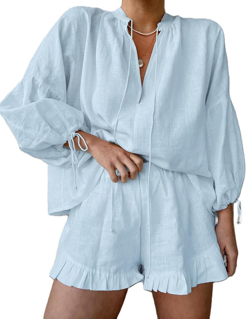 Mxiqqpltky Linen Shorts Sets Women 2 Piece Outfits Long Sleeve Tie Front Tops and Ruffled Boxer Shorts Matching Lounge Sets (Medium, Blue)