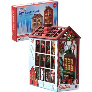 Prextex DIY Christmas Book Nook - 232 Building Pieces - Full Miniature Dollhouse Set with AAA Battery (Not Included) Operated Lights - Complete Toolkit Included - Ideal Holiday Decor for Ages 10+