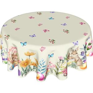 Easter Bunny Tablecloth Round 60 Inch Spring Floral Tablecloth Easter Rabbit Circle Table Cloth Farmhouse Table Cover for Dining Room Kitchen Holiday Party Decor