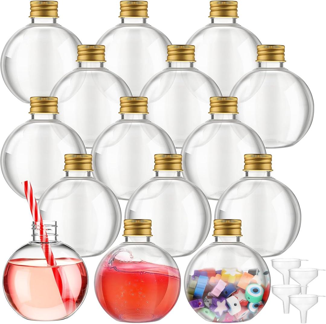 Jinei 13 Packs 8 oz Ball Shape Plastic Sand Art Bottles with Lids Spherical Clear Potion Bottles with Funnel Christmas Cocktail Ornament Candy Jar for DIY Birthday Party(Aluminum Cap,Gold)