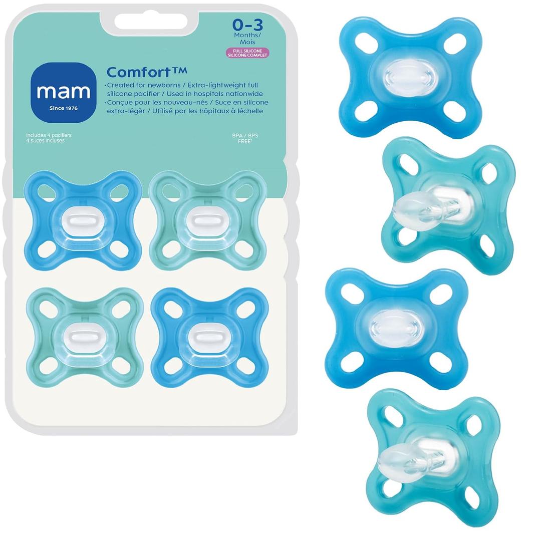 MAM Comfort Baby Pacifier 0-3 Months, Specially for Smaller Newborn Mouths, Lightweight One-Piece BPA-Free Silicone,Easy to Clean, Best for Breastfed Babies, 4 Pk, Made in Europe (4 Count (Pack of 1), Ice water/Sapphire)