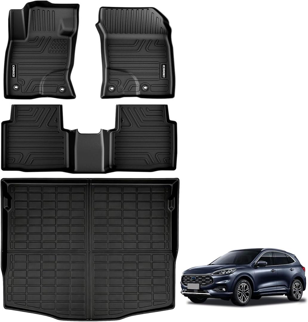 Floor Mats & Cargo Liner for 2020-2026 Ford Escape(Not fit Hybrid) | TPE All Weather Floor Liners & Cargo Mat 4pcs Full Set Escape Accessories Black