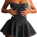 SHINFY Womens Summer Denim Dress Sexy Off Shoulder Strapless Bustier Corset Tube Pleated Mini Jean Dresses (Medium, Black)