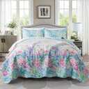 HoneiLife Quilt Set - King Size Floral Quilts, 3-Piece Microfiber Coverlets, Lightweight All Season Bedding Set - Dream Garden, Purple (King-106"x 96")
