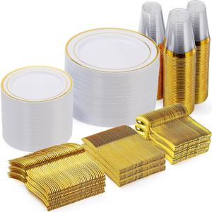 Goodluck 600 Pieces Gold Disposable Plates for 100 Guests, Plastic Plates for Party, Dinnerware Set of 100 Dinner and 100 Dessert Plates, 100 Spoons, 100 Forks, 100 Knives, 100 Cups