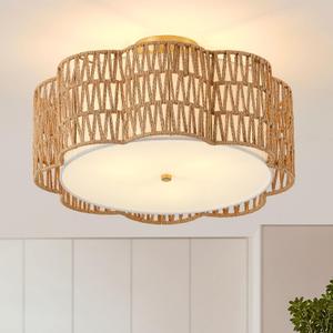 17.7" Rattan Ceiling Light Flush Mount, 3-Light Boho Close to Ceiling Light Fixtures, Rattan Bedroom Ceiling Light Farmhouse Large Drum Chandelier for Dining Room Kitchen Hallway(3-Tier Yellow)