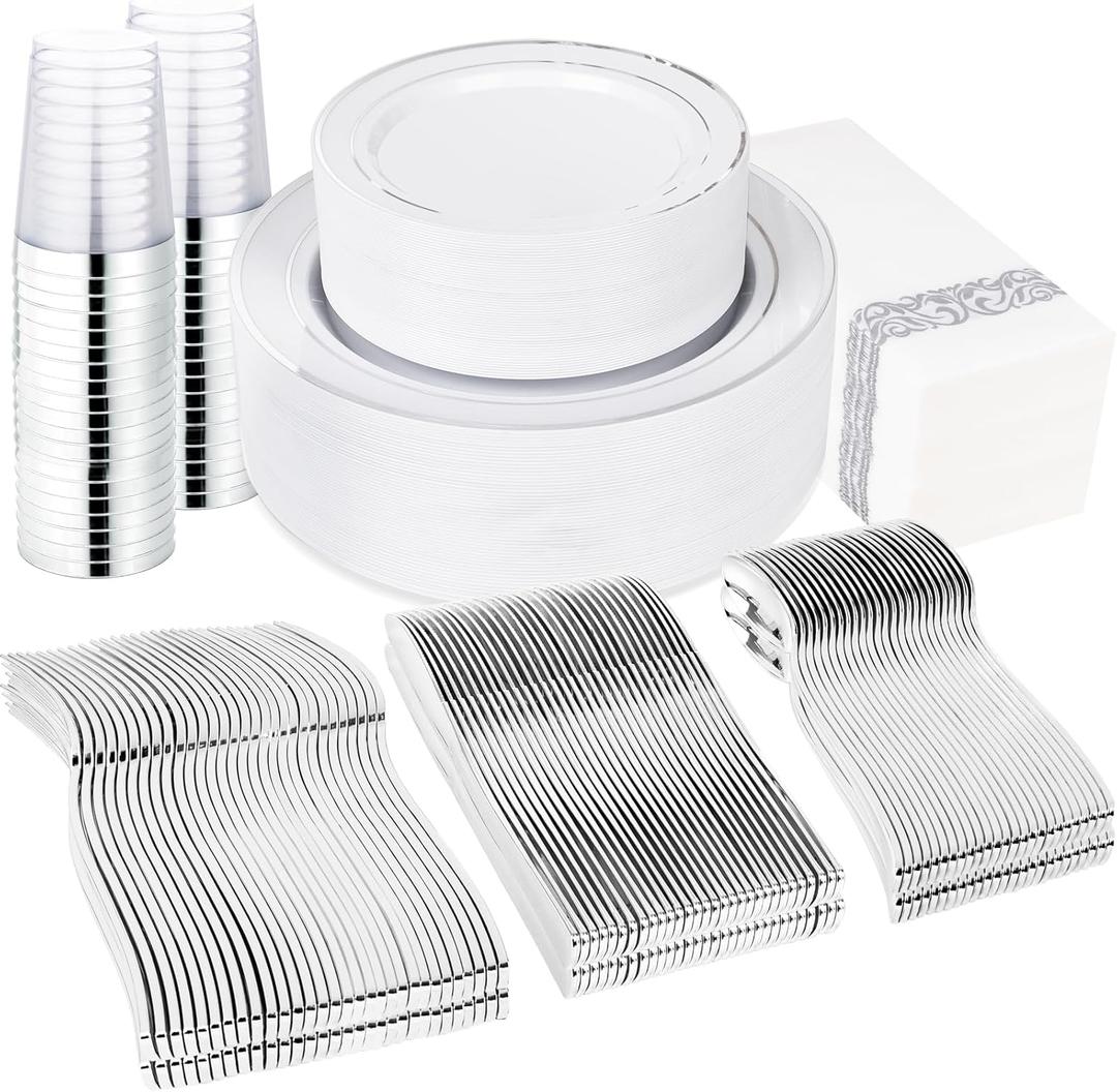 Supernal 400pcs Silver Plastic Dinnerware Set Heavy Duty Disposable Plates Include Silver Plastic Dessert Plates, 50 Spoons & Knives & Cups & Napkins & 100 Forks, Perfect For Party and Wedding
