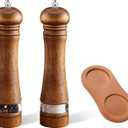 2-Piece Salt and Pepper Grinder Set with Wood Tray, 8 Inch Wooden Salt and Pepper Mills with Adjustable Coarseness, Refillable Manual Pepper Mill Grinder for Home Cooks (Brown)