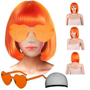 Short Bob Hair Wigs Straight with Flat Bangs Synthetic Colorful Cosplay Daily Party Neon Wig for Women + Free Wig Cap 12" Natural As Real (Bob, Orange)