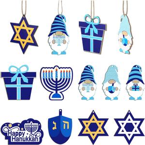 Maitys 25 Pcs Hanukkah Hanging Gnome Ornaments Happy Hanukkah Wood Sign Star of David Menorah Dreidel Hanging Decoration for Party Decoration Home Living Room Wall Decorations