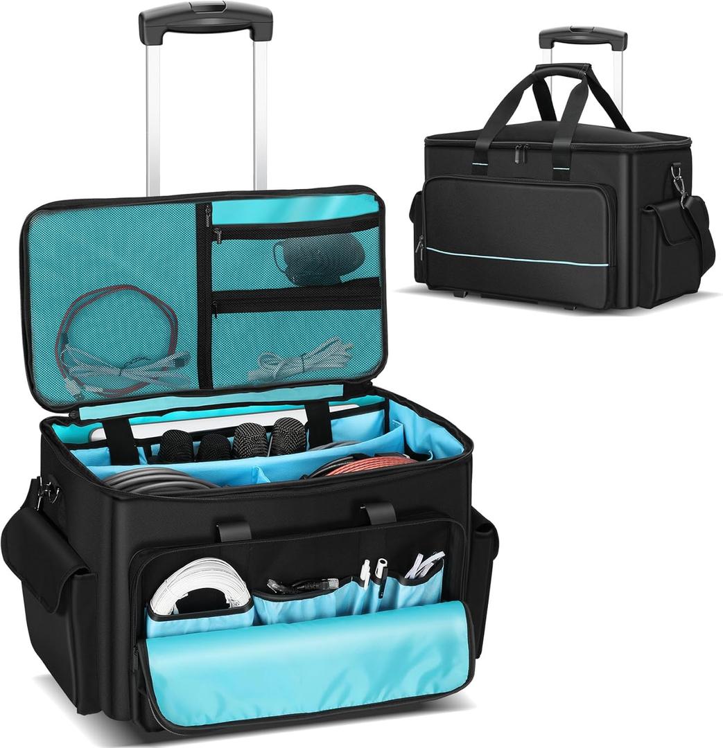 DJ Cable Bag, Rolling DJ Cable Bag with Detachable Trolley & Dividers, Large Capacity Gig Bag with Laptop Compartment, Professional Organizer Bag for Cables, Microphones, and DJ Equipment