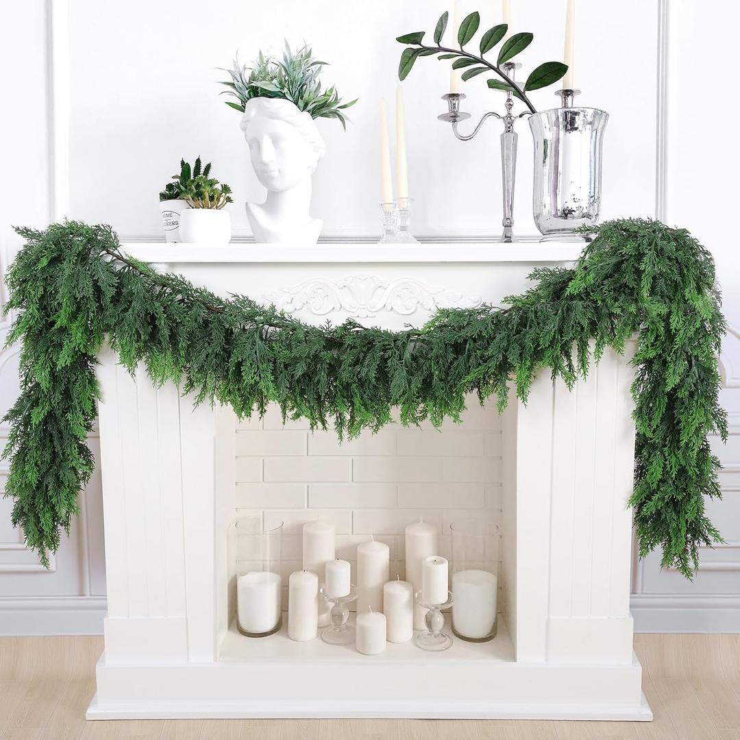 9 Ft Artificial Cedar Garlands, Faux Cypress Garland, Realistic Christmas Real Touch Greenery Pine Garland for Table, Mantle, Wall, Indoor, Outdoor Christmas Decorations (1, 9 FT)