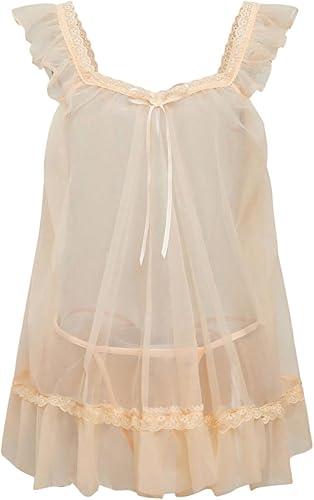 RoseSeek Women's 2 Piece Lace Mesh Babydoll Lingerie Set Sheer Chemise Nightgowns with Thongs Sleepwear, Size M
