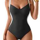 Eomenie Women's Tummy Control One Piece Swimsuit Slimming Lace Up Back Bathing Suit V Neck Swimwear Black,White Size M