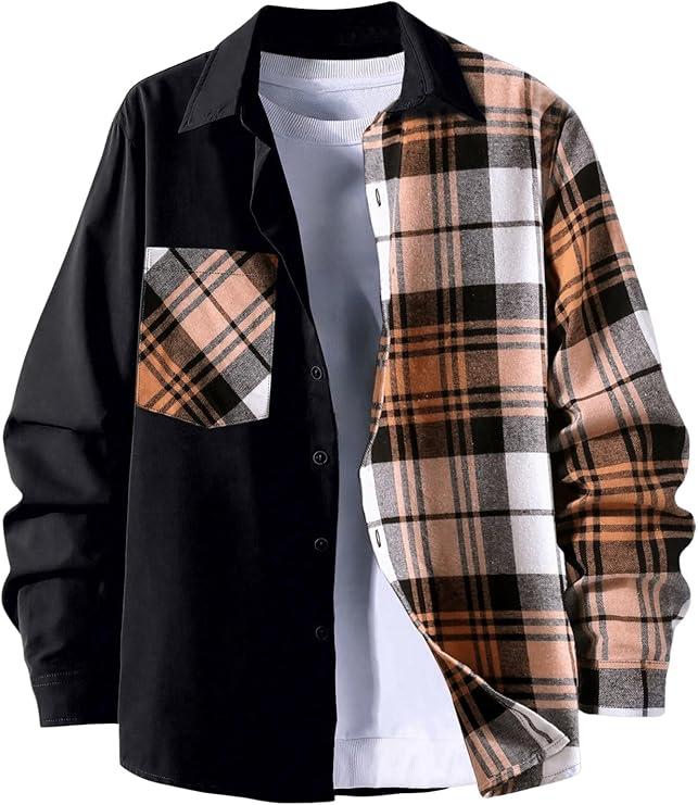 OYOANGLE Men's Colorblock Plaid Print Button Down Long Sleeve Pocket Collared Shirts Top L